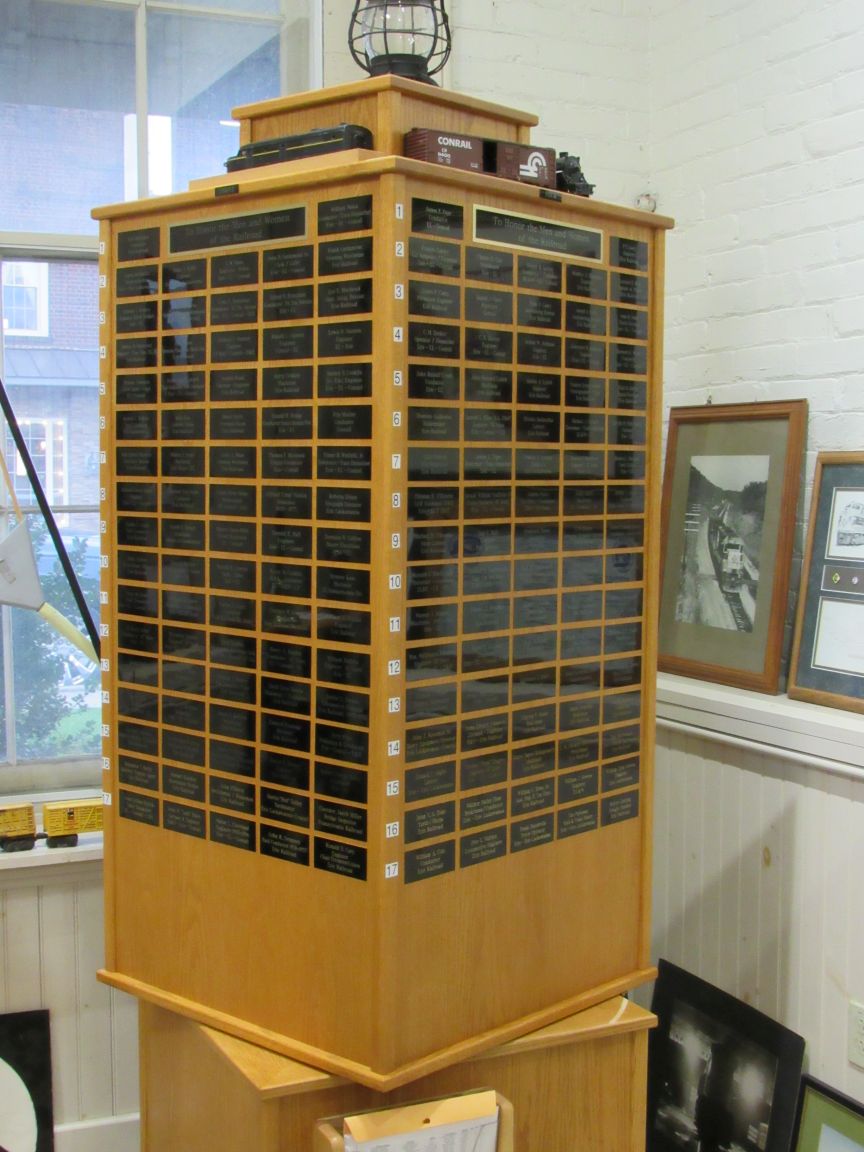 Hornell Erie Depot Museum memorial with rows of name tags to honor those that worked the railroad